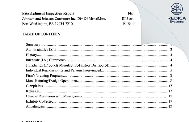 EIR - Johnson & Johnson Consumer Inc. [Fort Washington / United States of America] - Download PDF - Redica Systems