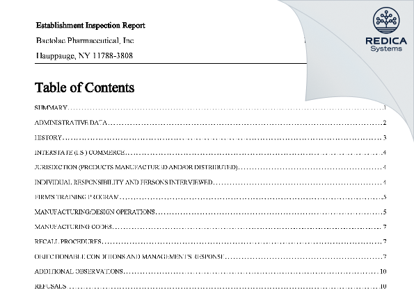 EIR - Bactolac Pharmaceutical, Inc. [Hauppauge / United States of America] - Download PDF - Redica Systems