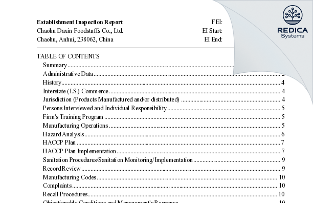 EIR - Chaohu Daxin Foodstuffs Co., Ltd. [Chaohu / China] - Download PDF - Redica Systems
