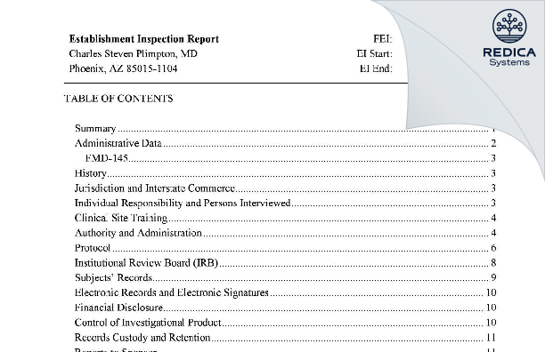EIR - Charles Steven Plimpton, MD [Phoenix / United States of America] - Download PDF - Redica Systems