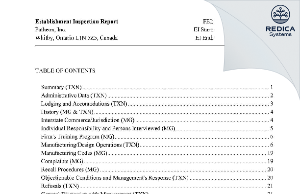 EIR - Patheon Inc. [Whitby / Canada] - Download PDF - Redica Systems