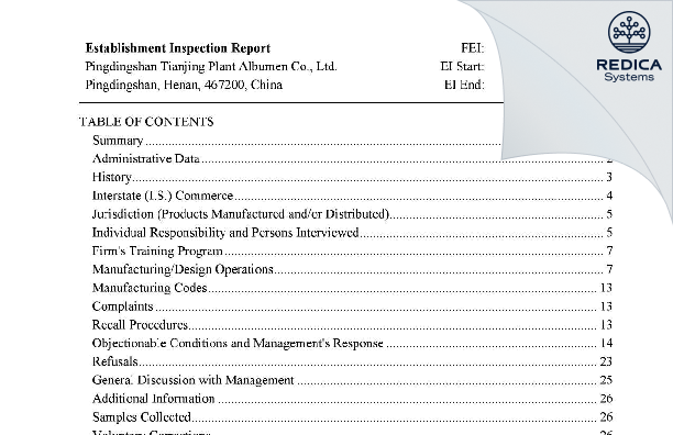 EIR - Pingdingshan Tianjing Plant Albumen Co., Ltd. [Pingdingshan / China] - Download PDF - Redica Systems