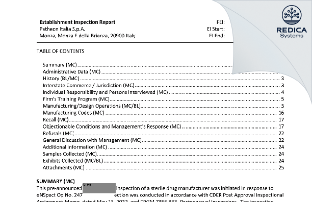 EIR - Patheon Italia S.p.A [Monza / Italy] - Download PDF - Redica Systems