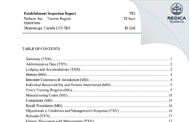 EIR - Patheon Inc. [Mississauga / Canada] - Download PDF - Redica Systems
