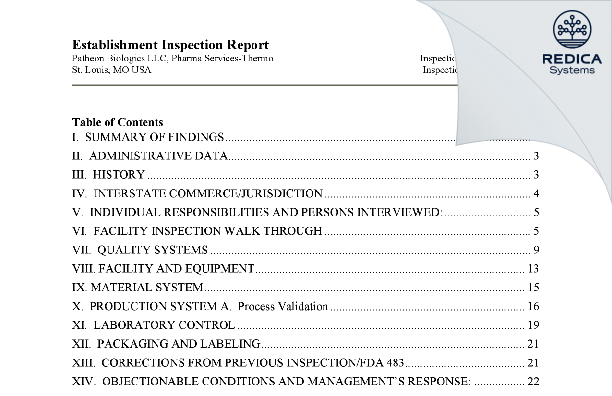 EIR - Patheon Biologics LLC [Saint Louis / United States of America] - Download PDF - Redica Systems