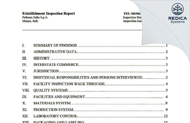 EIR - Patheon Italia S.p.A [Monza / Italy] - Download PDF - Redica Systems
