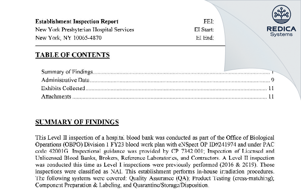 EIR - New York Presbyterian Hospital Services [New York / United States of America] - Download PDF - Redica Systems