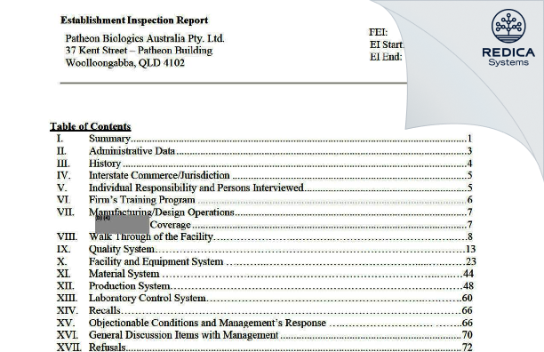 EIR - Patheon Biologics Australia Pty. Ltd. [Brisbane / Australia] - Download PDF - Redica Systems