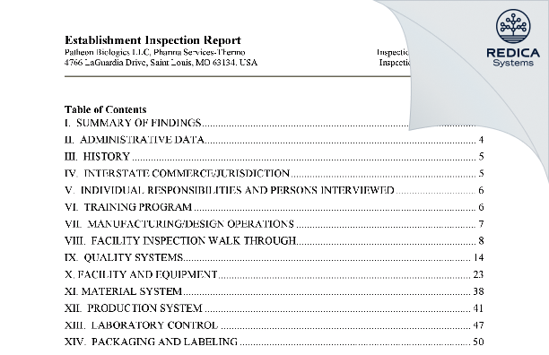 EIR - Patheon Biologics LLC [Saint Louis / United States of America] - Download PDF - Redica Systems