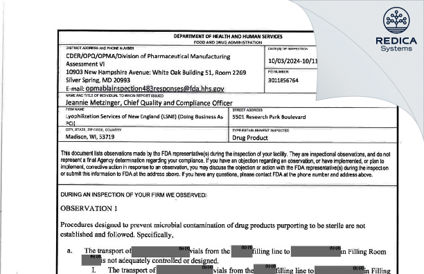 FDA 483 - LSNE-Madison, LLC [Madison / United States of America] - Download PDF - Redica Systems