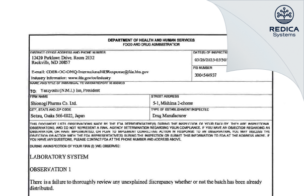 FDA 483 - Shionogi Pharma Co., Ltd. [Mishima / Japan] - Download PDF - Redica Systems