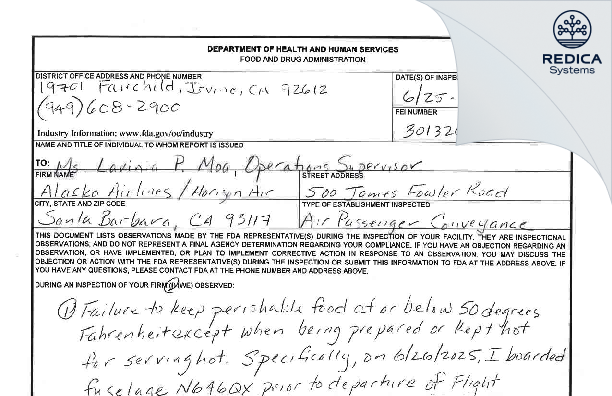 FDA 483 - Horizon Air/Alaska Airlines-SBA [Goleta / United States of America] - Download PDF - Redica Systems