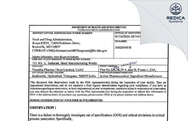 FDA 483 - Vasudha Pharma Chem Limited [Hyderabad / India] - Download PDF - Redica Systems