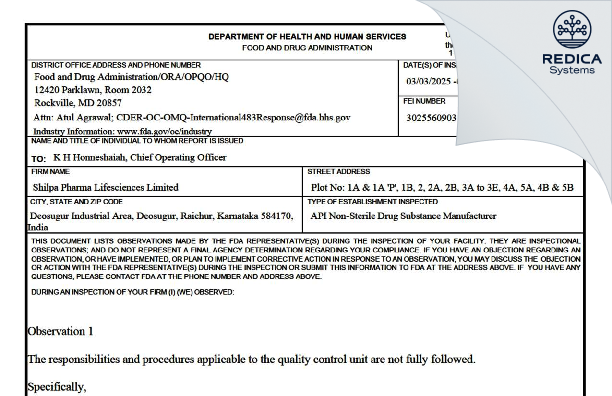 FDA 483 - SHILPA PHARMA LIFESCIENCES LIMITED [- / -] - Download PDF - Redica Systems