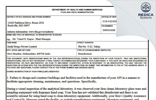 FDA 483 - Jindal Drugs Private Limited [Navi Mumbai / India] - Download PDF - Redica Systems