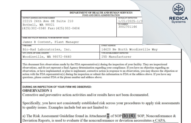FDA 483 - Bio-Rad Laboratories, Inc. [Woodinville / United States of America] - Download PDF - Redica Systems