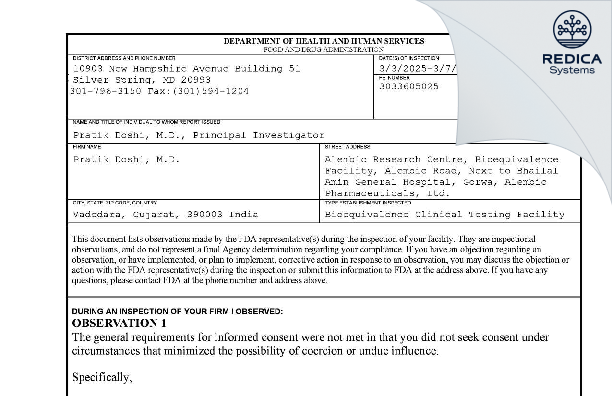 FDA 483 - Pratik Doshi, M.D. [Subhanpura / India] - Download PDF - Redica Systems