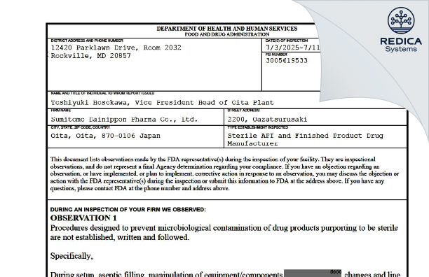 FDA 483 - Sumitomo Pharma Co., Ltd. [Tsurusaki / Japan] - Download PDF - Redica Systems
