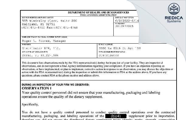 FDA 483 - Distributor RFR, LLC. [Miami / United States of America] - Download PDF - Redica Systems