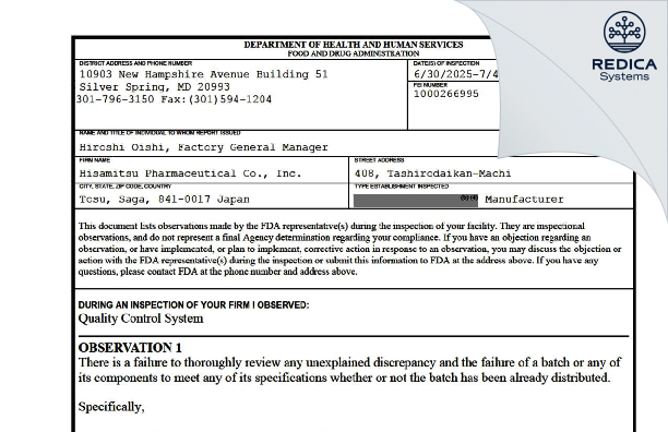 FDA 483 - Hisamitsu Pharmaceutical Co., Inc. [Tashirodaikammachi / Japan] - Download PDF - Redica Systems