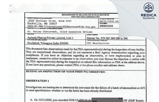 FDA 483 - Apitoria Pharma Private Limited [Hathnoora / India] - Download PDF - Redica Systems