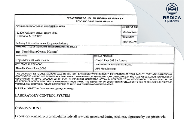 FDA 483 - Tegra Medical Costa Rica Sa [San Francisco / Costa Rica] - Download PDF - Redica Systems