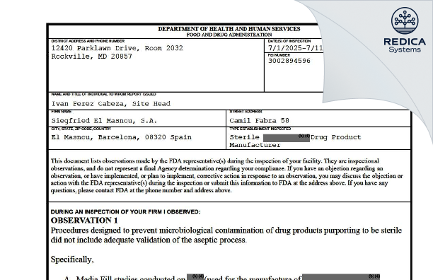 FDA 483 - Siegfried El Masnou, S.A. [El Masnou / Spain] - Download PDF - Redica Systems