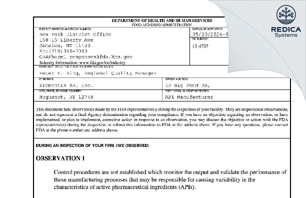 FDA 483 - Elementis SRL, Inc. [Huguenot / United States of America] - Download PDF - Redica Systems