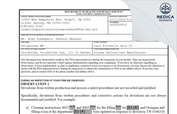 FDA 483 - Octapharma AB [Stockholm / Sweden] - Download PDF - Redica Systems