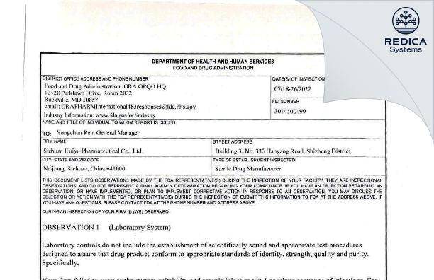 FDA 483 - Sichuan Huiyu Pharmaceutical Co., Ltd. [Shizhong / China] - Download PDF - Redica Systems