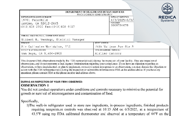 FDA 483 - Air Culinaire Worldwide - VNY [Van Nuys / United States of America] - Download PDF - Redica Systems