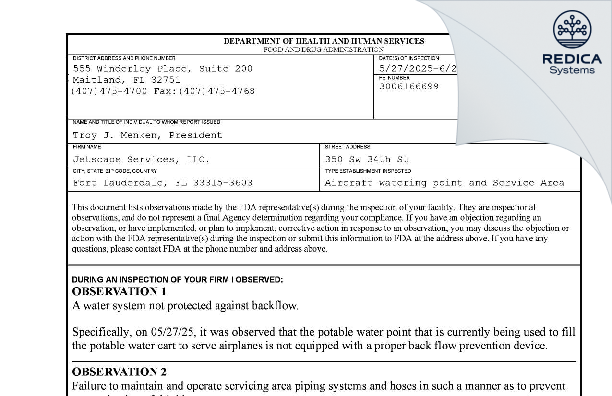 FDA 483 - Jetscape Services LLC [Fort Lauderdale / United States of America] - Download PDF - Redica Systems