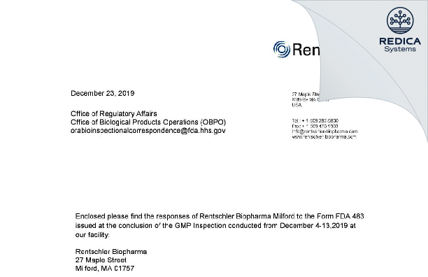 FDA 483 Response - Rentschler Biopharma Inc. [Milford / United States of America] - Download PDF - Redica Systems