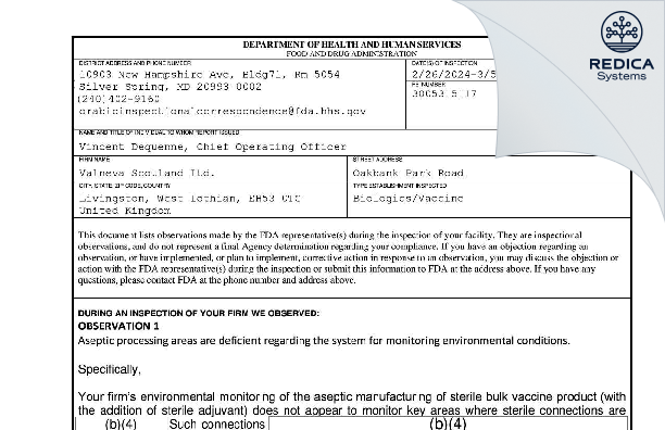 FDA 483 - Valneva Scotland Ltd. [West Lothian / United Kingdom of Great Britain and Northern Ireland] - Download PDF - Redica Systems