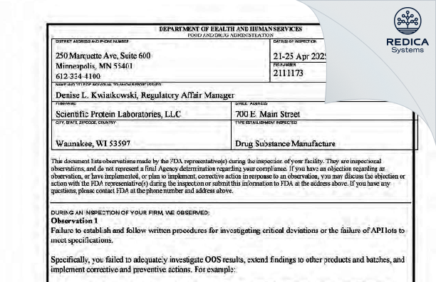 FDA 483 - Scientific Protein Laboratories LLC [Waunakee / United States of America] - Download PDF - Redica Systems