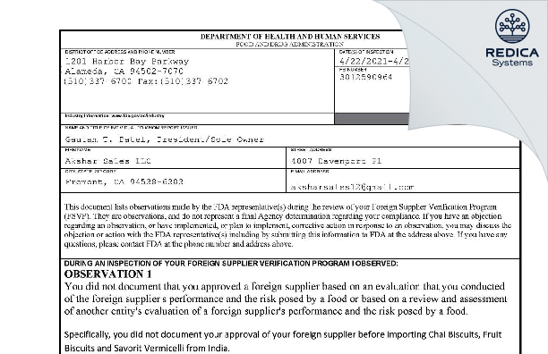 FDA 483 - Akshar Sales LLC [Fremont / United States of America] - Download PDF - Redica Systems