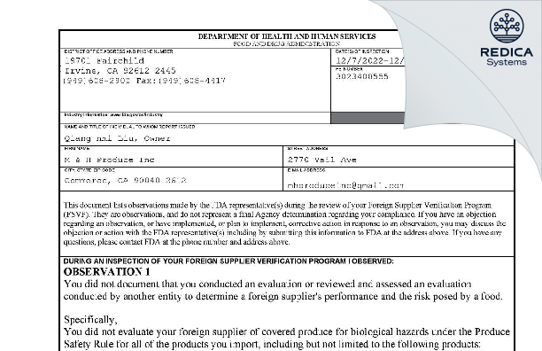 FDA 483 - M & H Produce Inc [Los Angeles / United States of America] - Download PDF - Redica Systems