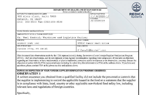 FDA 483 - KAREEM MART INC [Dearborn Heights / United States of America] - Download PDF - Redica Systems