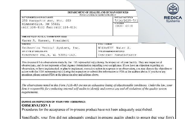 FDA 483 - Enthermics Medical Systems, Inc. [Menomonee Falls / United States of America] - Download PDF - Redica Systems