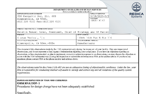FDA 483 - Clarus Medical, Llc [Minneapolis / United States of America] - Download PDF - Redica Systems