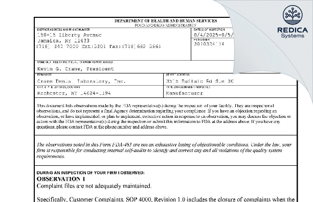FDA 483 - Crane Dental Laboratory, Inc. [Rochester / United States of America] - Download PDF - Redica Systems