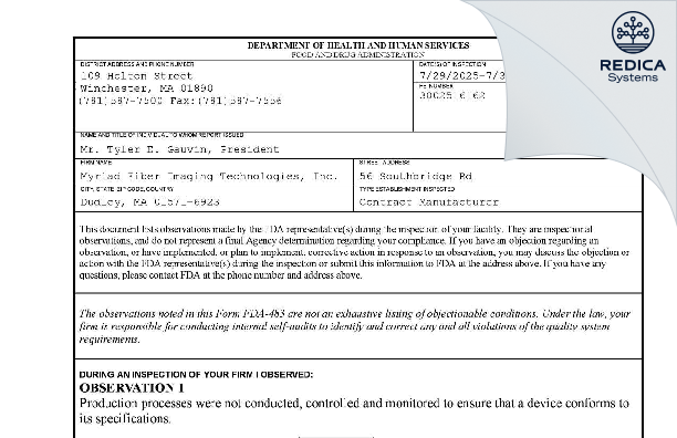 FDA 483 - Myriad Fiber Imaging Technologies, Inc. [Dudley / United States of America] - Download PDF - Redica Systems