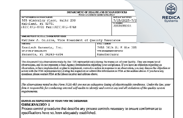 FDA 483 - Exactech, Inc. [Sarasota / United States of America] - Download PDF - Redica Systems