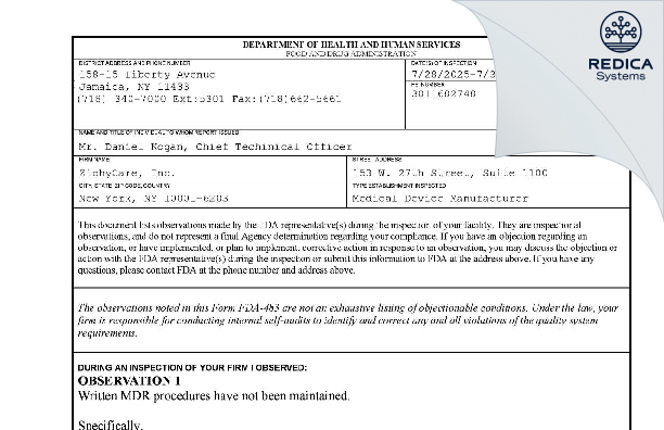 FDA 483 - ZiphyCare, Inc. [New York / United States of America] - Download PDF - Redica Systems