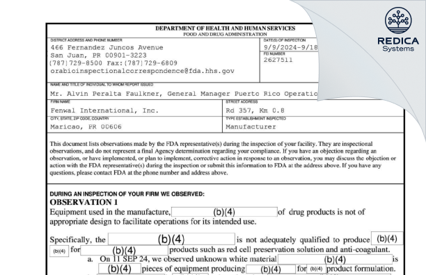 FDA 483 - Fenwal International, Inc. [Maricao Afuera / Puerto Rico] - Download PDF - Redica Systems