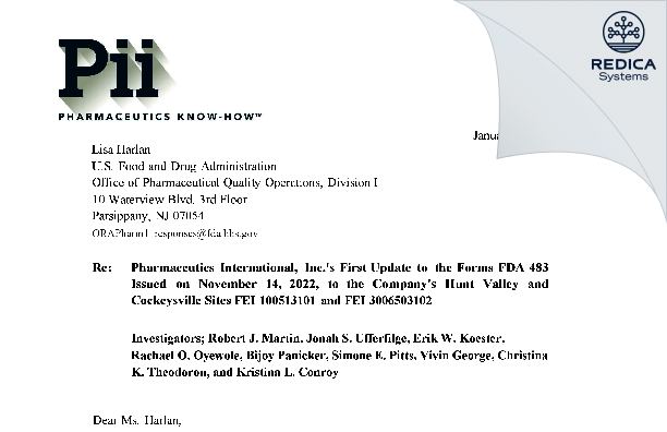 FDA 483 Response - Pharmaceutics International, Inc. [Hunt Valley / United States of America] - Download PDF - Redica Systems