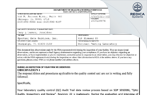 FDA 483 - Spectral Data Services, Inc. [Champaign / United States of America] - Download PDF - Redica Systems