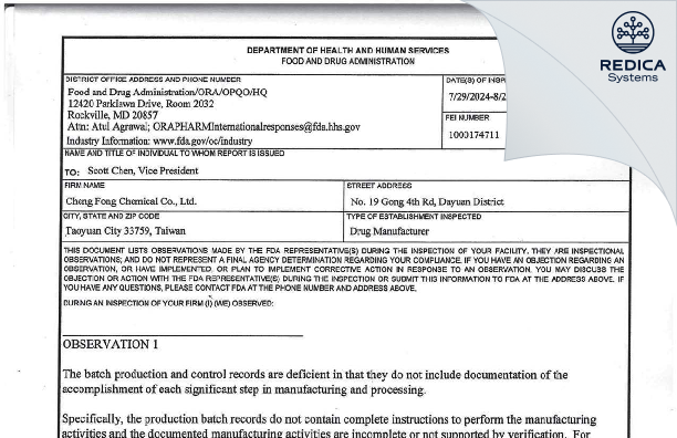 FDA 483 - Cheng Fong Chemical Co., Ltd. Dayuan Factory [Dayuan District / Taiwan] - Download PDF - Redica Systems