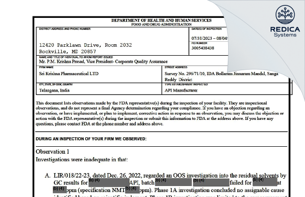 FDA 483 - Sri Krishna Pharmaceuticals Limited [Hyderabad / India] - Download PDF - Redica Systems