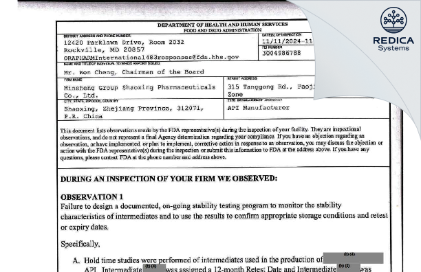 FDA 483 - MINSHENG GROUP SHAOXING PHARMACEUTICAL CO., LTD. [Shaoxing / China] - Download PDF - Redica Systems